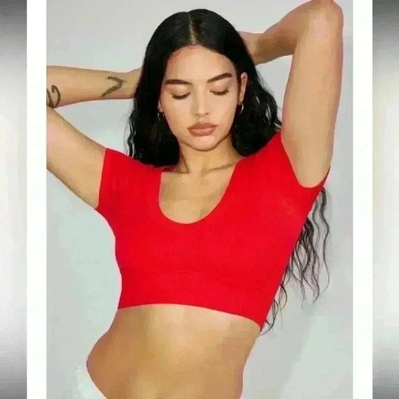 Garage red ribbed cropped tee shirt size large - Picture 3 of 7